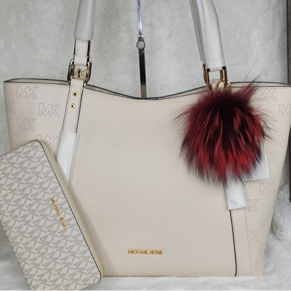🎀 Michael Kors 3 SET Matching Shoulder Bag Tote Handbag Wallet Charm Pom NWT